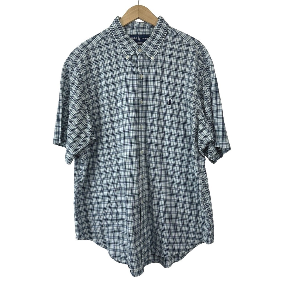 Vintage Ralph Lauren Plaid Short Sleeve Shirt Men's XXL Button Down Blue Classic